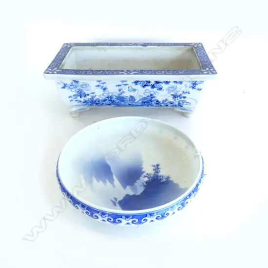 ORIENTAL BLUE & WHITE IKEBANA TROUGH DISH + SHALLOW CIRCULAR BOWL Dia.190mm