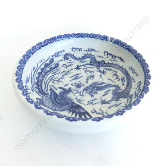 CHINESE BLUE & WHITE BOWL W DRAGONS & PHOENIX. Dia.260mm character marks & labels to base