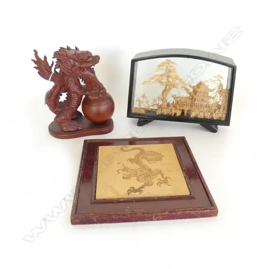 3 ORIENTAL PCES; CARVED WOODEN DRAGON H.195mm, PLAQUE, CORK LANDSCAPE W.250mm