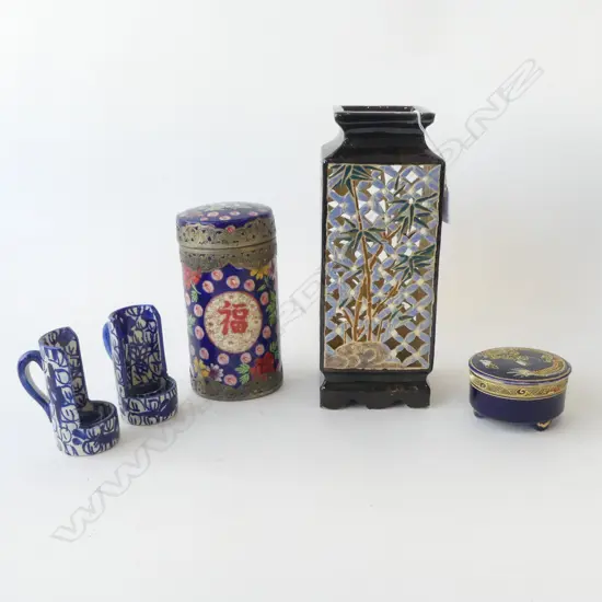 5 CERAMICS; PIERCED VASE H.300mm, 2 LIDDED CONTAINERS, PR CANDLEHOLDERS