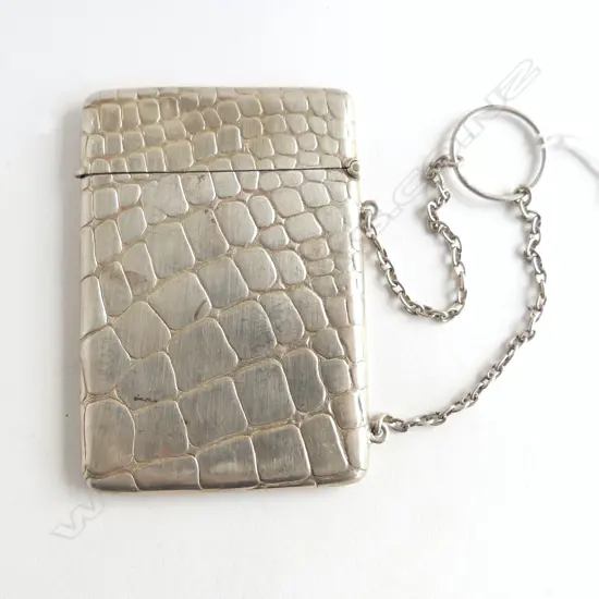 STG SILVER CARD CASE w. CROCODILE SKIN DESIGN, B'HAM 1904 95x65mm 65gms