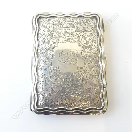 EDWARDIAN BIRMINGHAM 1910 SILVER ENGRAVED CARD CASE leather compartment interior 70gms
