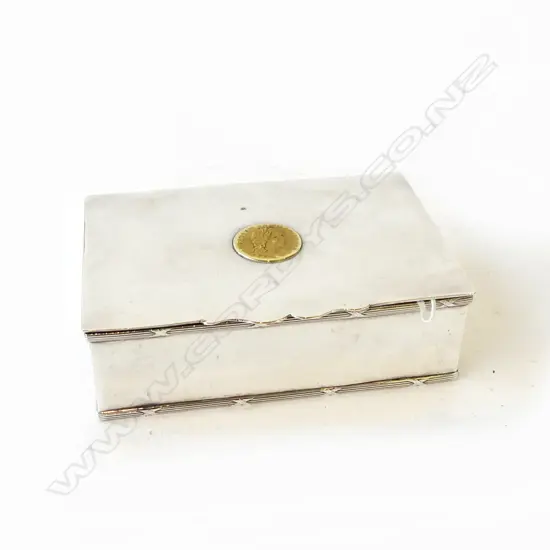 SILVER PLATE ON COPPER LIDDED BOX with old coin to lid 315 x 90mm