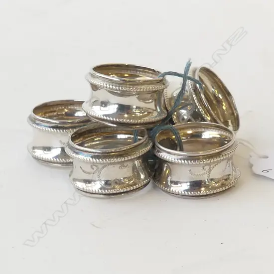 SET OF SIX 800 SILVER SMALL BEADED EDGE NAPKIN RINGS STAMPED 800, D.25MM