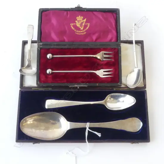 4 ANTIQUE STG SILVER SPOONS, 57gms + PR EP FORKS