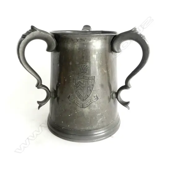 PEWTER TRI HANDLED CUP, engraved 'CLARE COLLEGE (CAMBRIDGE) ROWING EIGHTS 1893' H.180 DIA 150mm