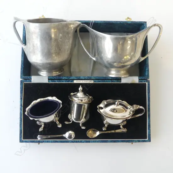  BOXED 'ANGORA' BRAND ENGLISH PLATED CRUET SET WITH BLUE GLASS LINERS & PICQUOTWARE SUGAR &MILK JUG. 