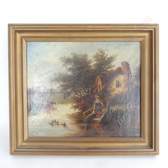 C1830 OIL ON CANVAS on board Pond Scene Woman feeding ducks Signed. 215 x 250mm 