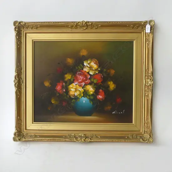 SIGNED ROSES STILL LIFE, OIL ON BOARD, 385x470mm