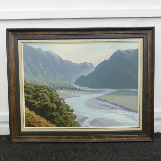 JONATHAN WHITE 'LANDSBOROUGH RIVER, SOUTHERN ALPS' OIL ON BOARD 1973 495x670mm