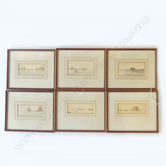 6 LATE 19thC COLONIAL NZ LANDSCAPE WCs, COPIED FROM ORIGINALS 205x250mm overall size...