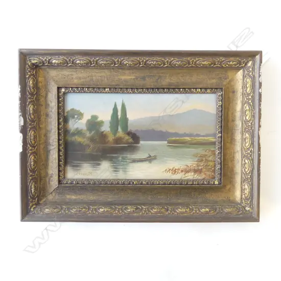 J. D. PERRETT, LAKE LANDSCAPE, OIL ON BOARD 140x245mm