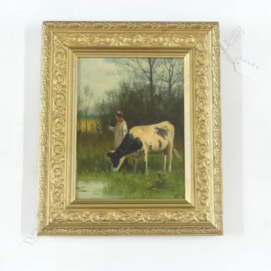 OIL ON CANVAS, FARMER w. COW, INITIALLED 'W.F.H' 190x140mm