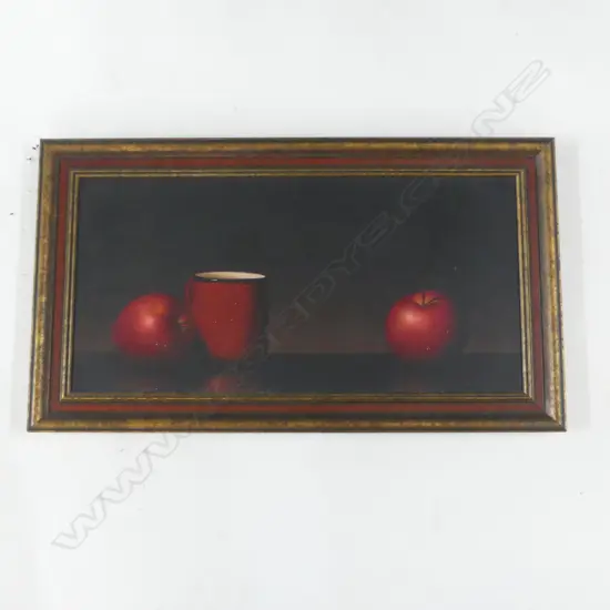 SIGNED STILL LIFE w. APPLES, OIL ON CANVAS 290x590mm