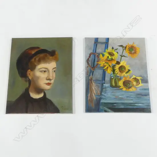 2 SIGNED ARTWORKS; PORTRAIT OF A WOMAN, STILL LIFE w. SUNFLOWERS, BOTH OIL ON CANVAS 505x405mm