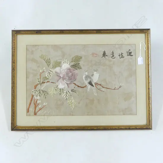 VINTAGE CHINESE EMBROIDERED SILK PANEL pr birds on floral branch 320 x 500mm