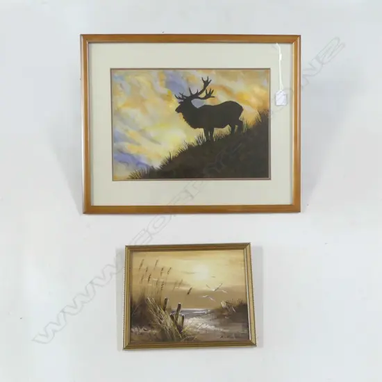 2 ARTWORKS; LIANNE ADAMS-JULL 'STAG AT SUNSET' 260x380mm, SIGNED OIL ON BOARD COASTAL SUNRISE 
