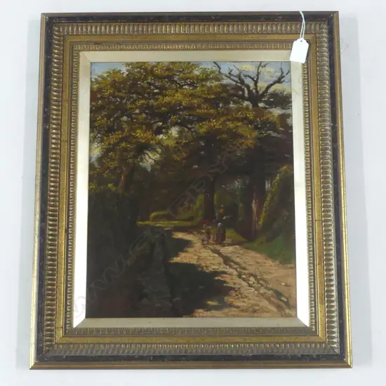 WILLIAM McCARTHY OIL ON BOARD. figures on WOODED PATHWAY SCENE signed & dated 1899 390 x 310mm