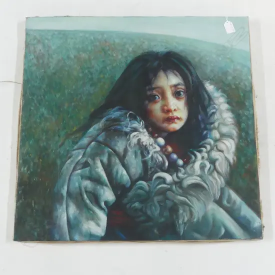 CHINESE SIGNED ARTWORK, GIRL IN COAT, OIL ON CANVAS, 590x600mm