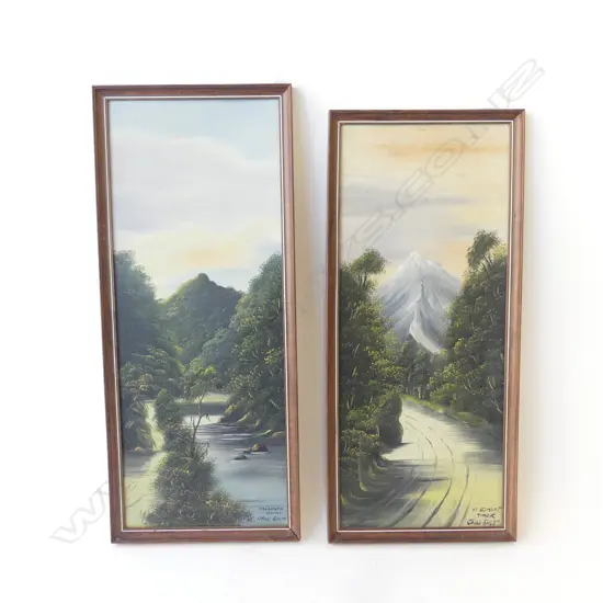 CHARLES EAST, MANAWATU GORGE & MT EGMONT  OIL ON BOARD SIGNED 660  x 280MM