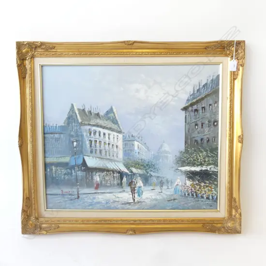 BURNETT FRENCH STREET SCENE OIL ON BOARD SIGNED 620 x 730mm  WITH GILDED FRAME