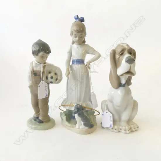 3 NAO FIGURINES; GIRL w. HOOP H.240mm (THUMB MISSING), DOG, BOY w. SOCCER BALL