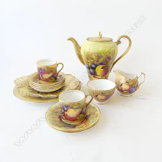 13 PCES AYNSLEY ORCHARD GOLD; REPAIRED TEAPOT AF, 2 COFFEE CANS ETC