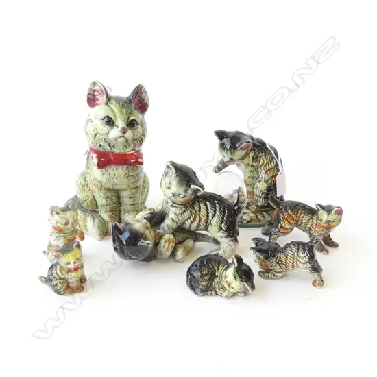 COLLECTION OF EIGHT CHINA CATS TALLEST 210MM SMALLEST 50MM