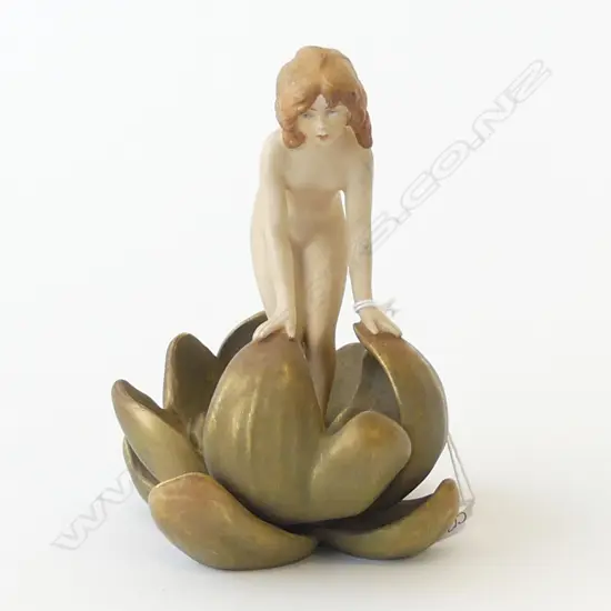 ROYAL DUX ( PINK TRIANGLE) VASE YOUNG NYMPH STANDING INSIDE GIANT LILY. H.150mm