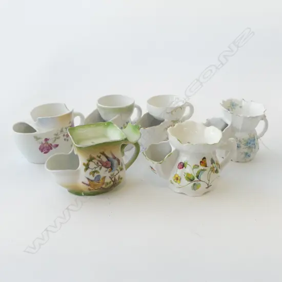 6 EDWARDIAN CHINA SHAVING MUGS VARIOUS PATS H100MM