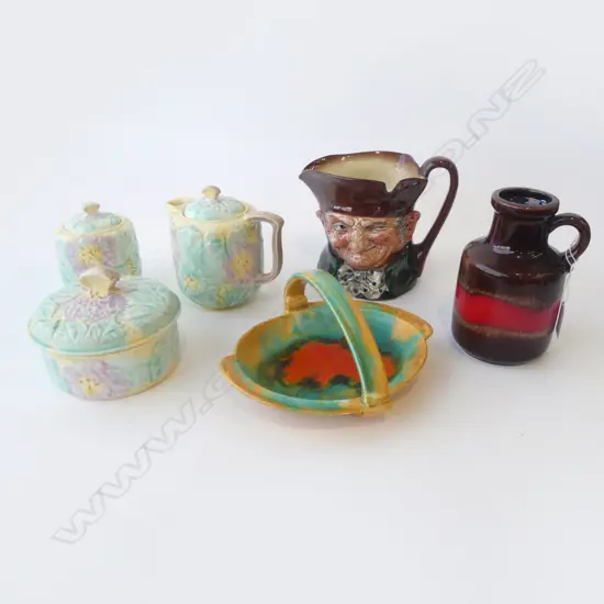 6  CERAMICS; 3 AVON WARE, DECO BASKET, W. GERMAN VASE H.160mm, R. DOULTON 'OLD CHARLEY'