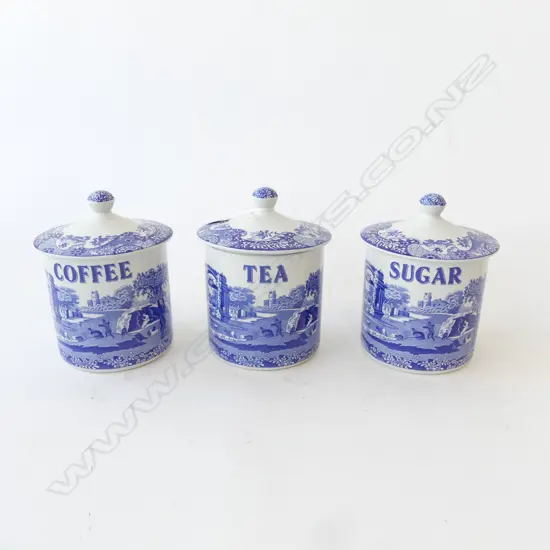 3 SPODE ITALIAN LIDDED CONTAINERS; TEA, COFFEE & SUGAR H.150mm