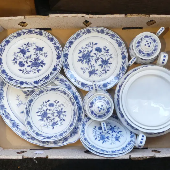 BLUE CHATHAM CHINA INLC. LIDDED TUREEN, PLATTER, 2 SUGAR BOWLS, 4 LUNCH PLATES & 2 SIDE PLATES