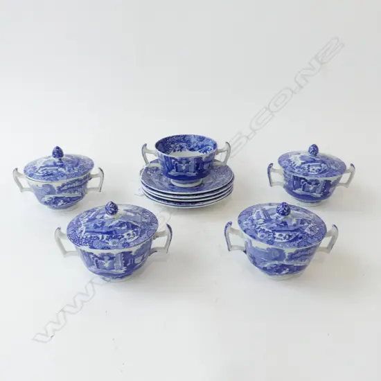 5 COPELAND SPODE'S ITALIAN LIDDED COUPES w. SAUCERS (1 LID MISSING)