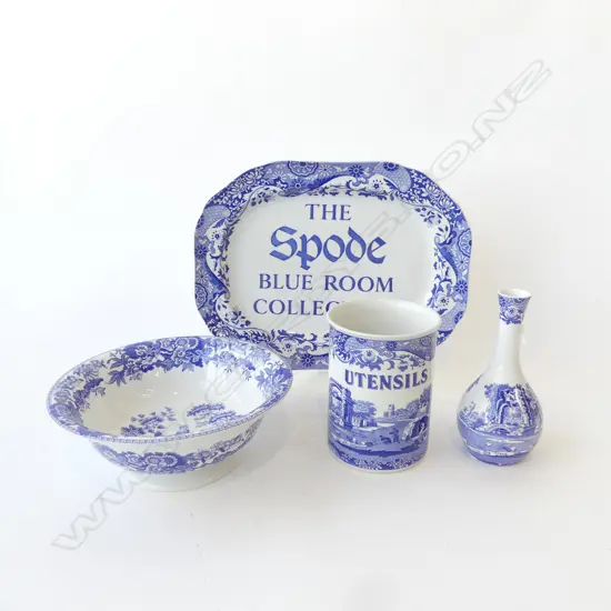 4 PCES SPODE ITALIAN; ASHET 285x365mm, VASE, UTENSILS TIN, FOOTED BOWL (GIRL AT WELL PATTERN) 260mm dia