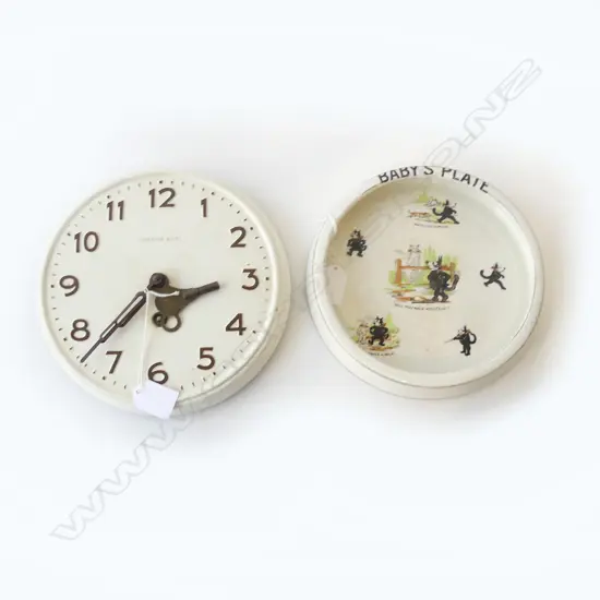 FELIX THE CAT BABY PLATE, Dia. 205mm & 1950S 'EDUCATION BOARD' CLOCKWORK WALL CLOCK Dia 230mm