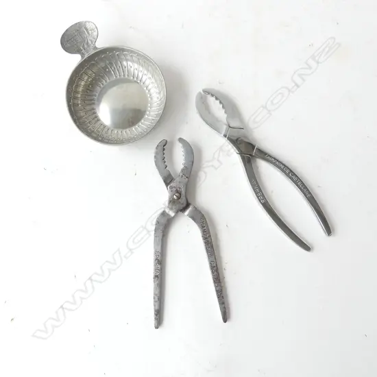 PEWTER CHAMPAGNE  TASTING CUP IMAGE OF VINEYARD CHATEAU IMAGE TO GRIP MAKERS MARK, & TWO PAIR PLIERS 'DE CASTELANE' EPER