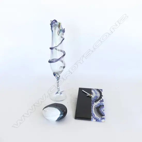 3 PCES ART GLASS; PETER VIESNIK VASE H.330mm, LYNDEN OVER STONE W.90mm, MURANO CLOCK 175x105mm