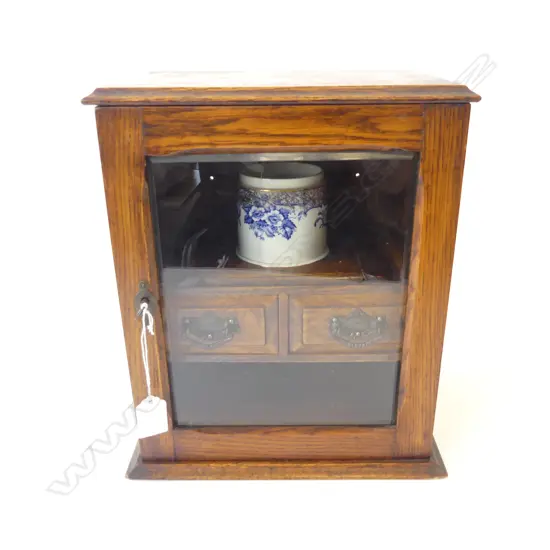 ANTIQUE OAK SMOKERS CABINET BEVELLED GLASS, TWO DRAWERS, FITTED HOLDERS FOR PIPES, & KEY, H.330MM, L.270MM, D.190MM
