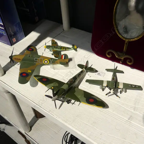 4 GREEN MODEL PLANES; MUSTANG, SPITFIRE ETC W.255mm