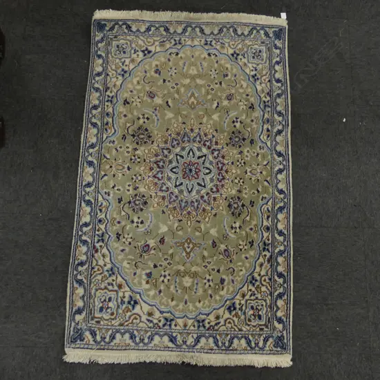 HAND KNOTTED WOOL PILE IRANIAN NAIN RUG, BLUE & CREAM TONES 1470x900mm
