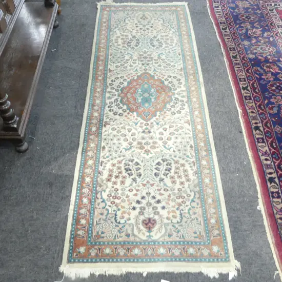 HAND NOTTED PERSIAN RUNNER RED GREEN & IVORY  COLOURS L1940 W650MM