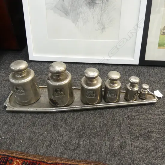 6 ANTIQUE BUTCHERS WEIGHTS ON TRAY W.470mm...