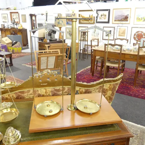 LG BRASS CHEMISTS SCALES ON WOODEN PLATFORM 620x445x720mm