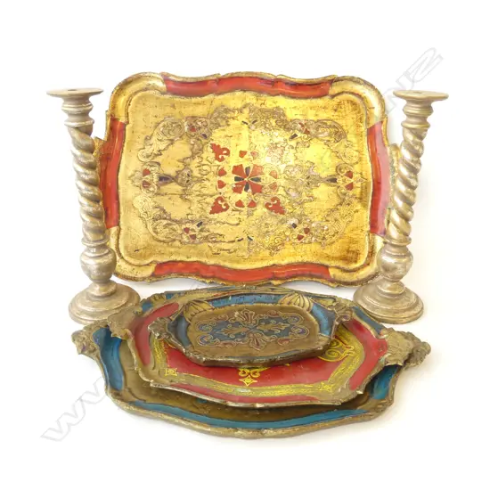 4 GILDED WOODEN TRAYS 615x415mm + PR CANDLESTICKS H.350mm