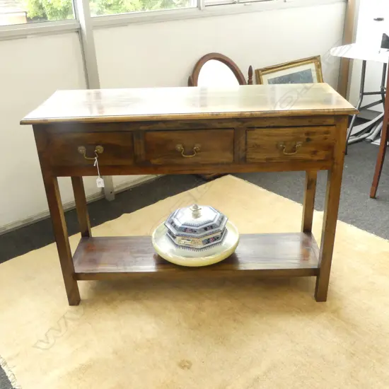 TEAK 3 DRAWER BRASS DROP HANDLED HALL TABLE L1110 H690MM