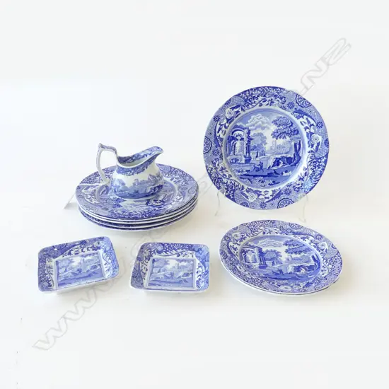 11 PCES COPELAND SPODE ITALIAN PATTERN; 6 SIDE PLATES 190mm dia, 2 SMALLER, 2 PIN DISHES, SMALL JUG