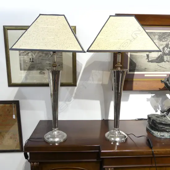 PR SILVER METAL LAMPS w. FAUX PARCHMENT SHADES H.860mm