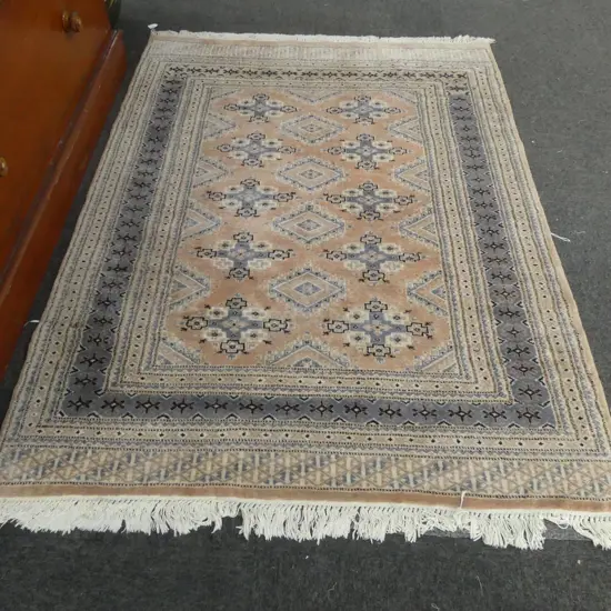 PAKISTAN BOKHARRA WOOL ON COTTON HANDKNOTTED RUG soft salmon pink ground. 1800 x 1300mm