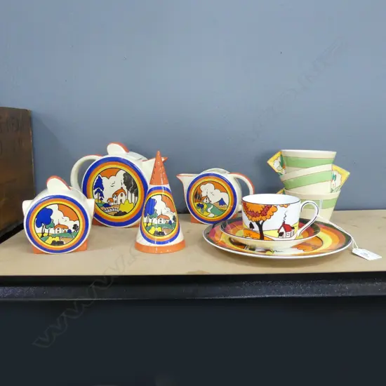 11 PCES CLARICE CLIFF; 3 BIZARRE CUPS, EGG HOLDER, REPRO WEGWOOD TRIO & 4 PCE MOORLAND STAFFORDSHIRE TEA SET